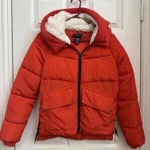 Women's Anna Cai Puffer Sherpa Hood Coat Coral Orange Full Zip Size Small Fall